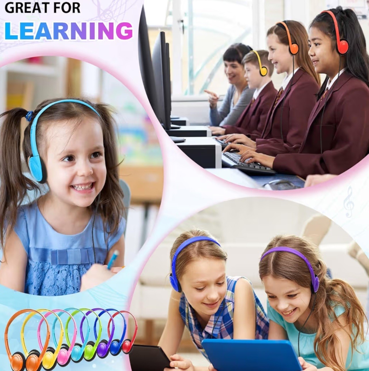 WENSDO Bulk Headphones Packs Of 10 Multi Color for School Classrom K-12