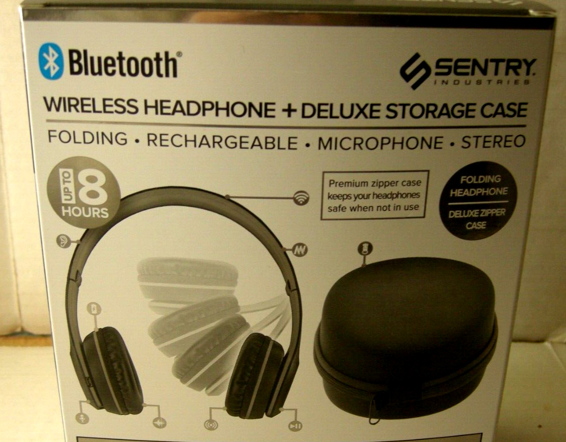 Sentry Folding Wireless Headphone + Deluxe Zipper Storage Case, Black, Brand New