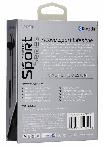 Tzumi Sport Series Wireless Earbuds Rechargeable Magnetic Stereo Earphones