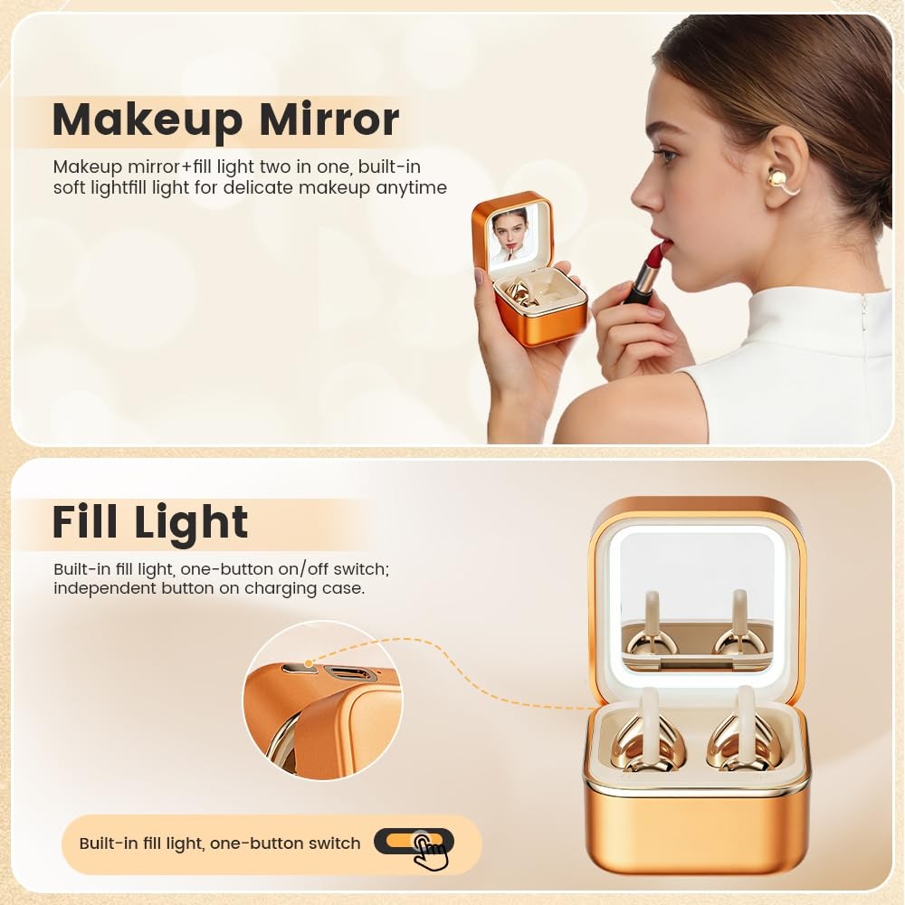 Clip On Ear Headphones with a Makeup Mirror, Open Ear Earbuds Wireless Blueto…
