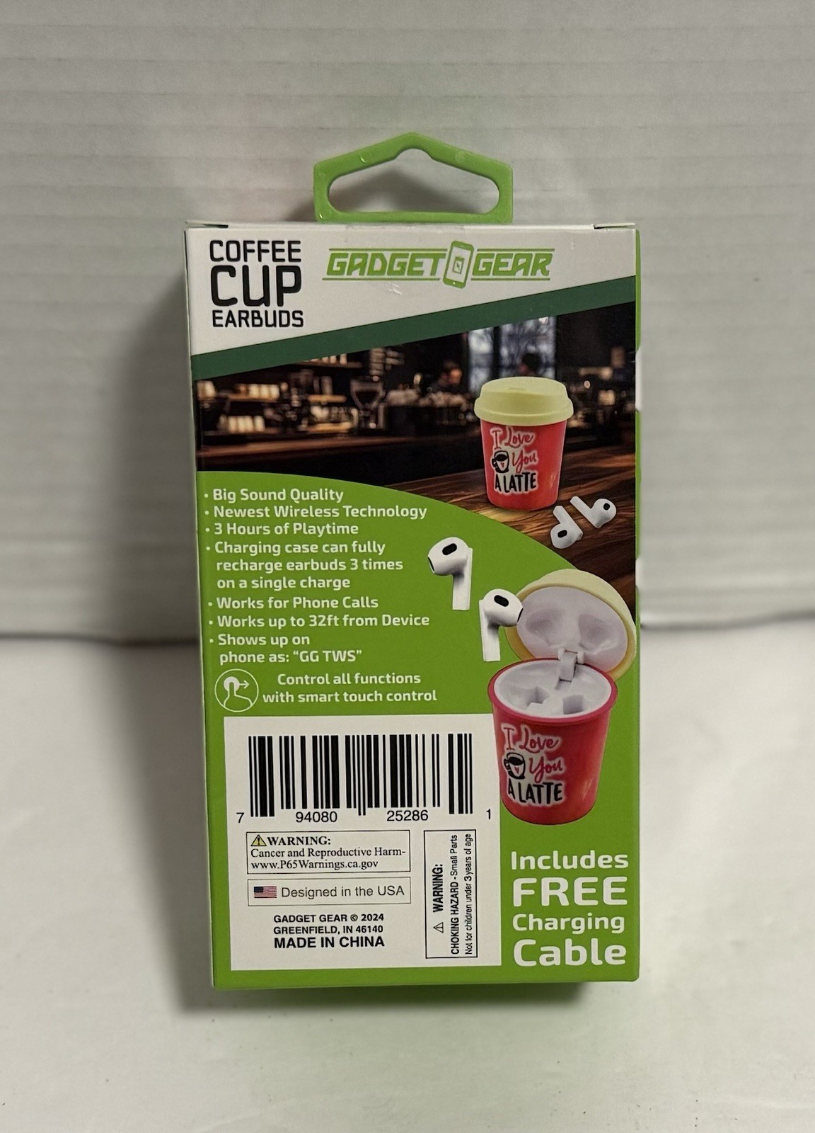 Gadget Gear~Wireless Coffee Cup Earbuds/Charging Case “I Love You A Latte” New