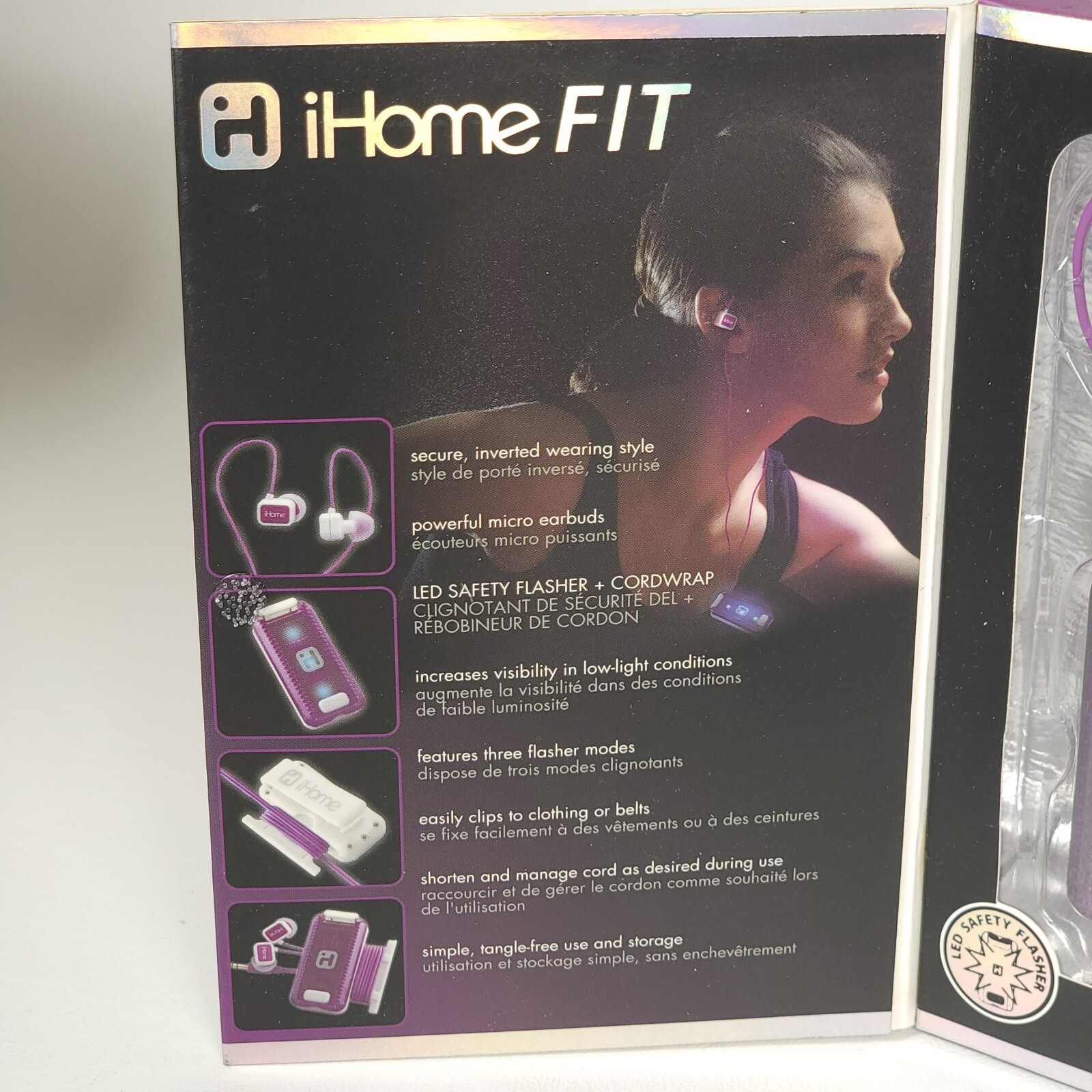 iHome Fit iB12WU Purple White Fitness Earbuds with Charger & Safety Flasher