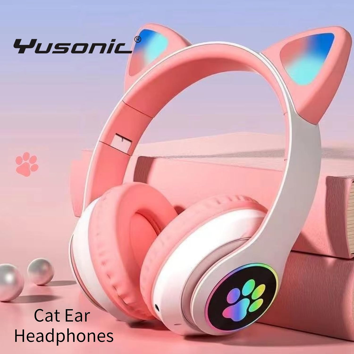 Cat Ear Bluetooth Headphones LED Wireless Foldable Over Ear Kids Adults White