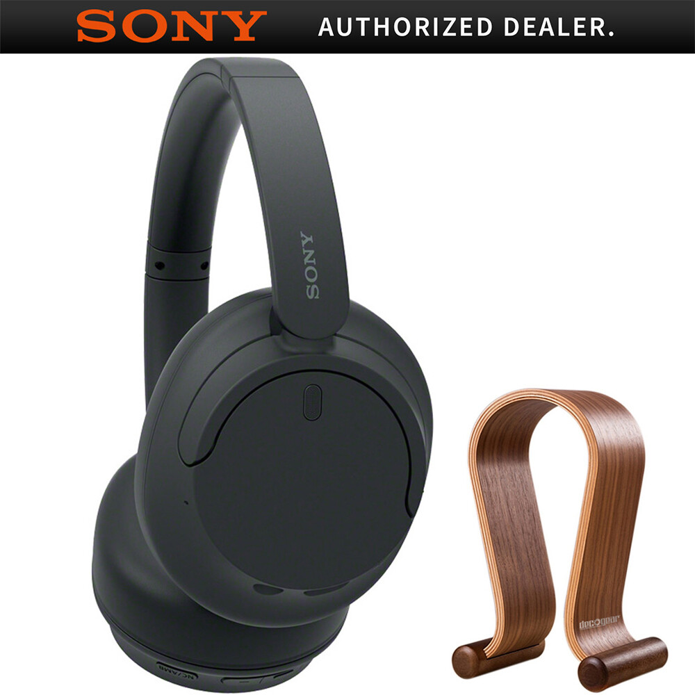 Sony Wireless Noise Cancelling Headphone Black with Wood Headphone Display Stand
