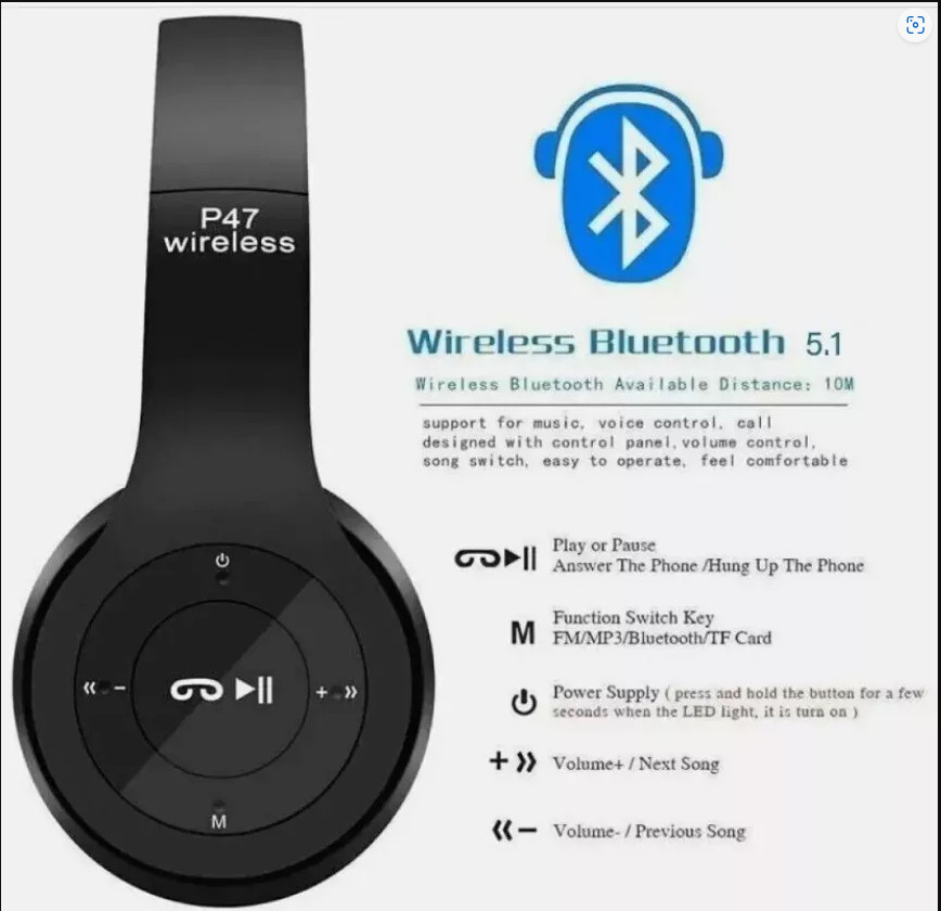 Comfortable Wireless Foldable Headset High -Quality Sound white P47 Headphone US