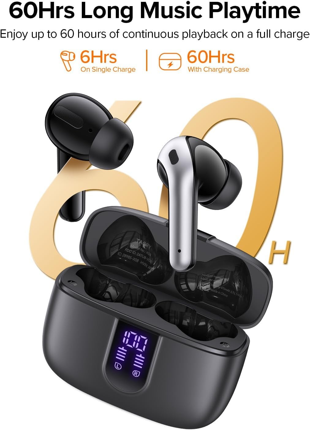 TAGRY Bluetooth Headphones True Wireless Earbuds 60H Playback LED Power Display