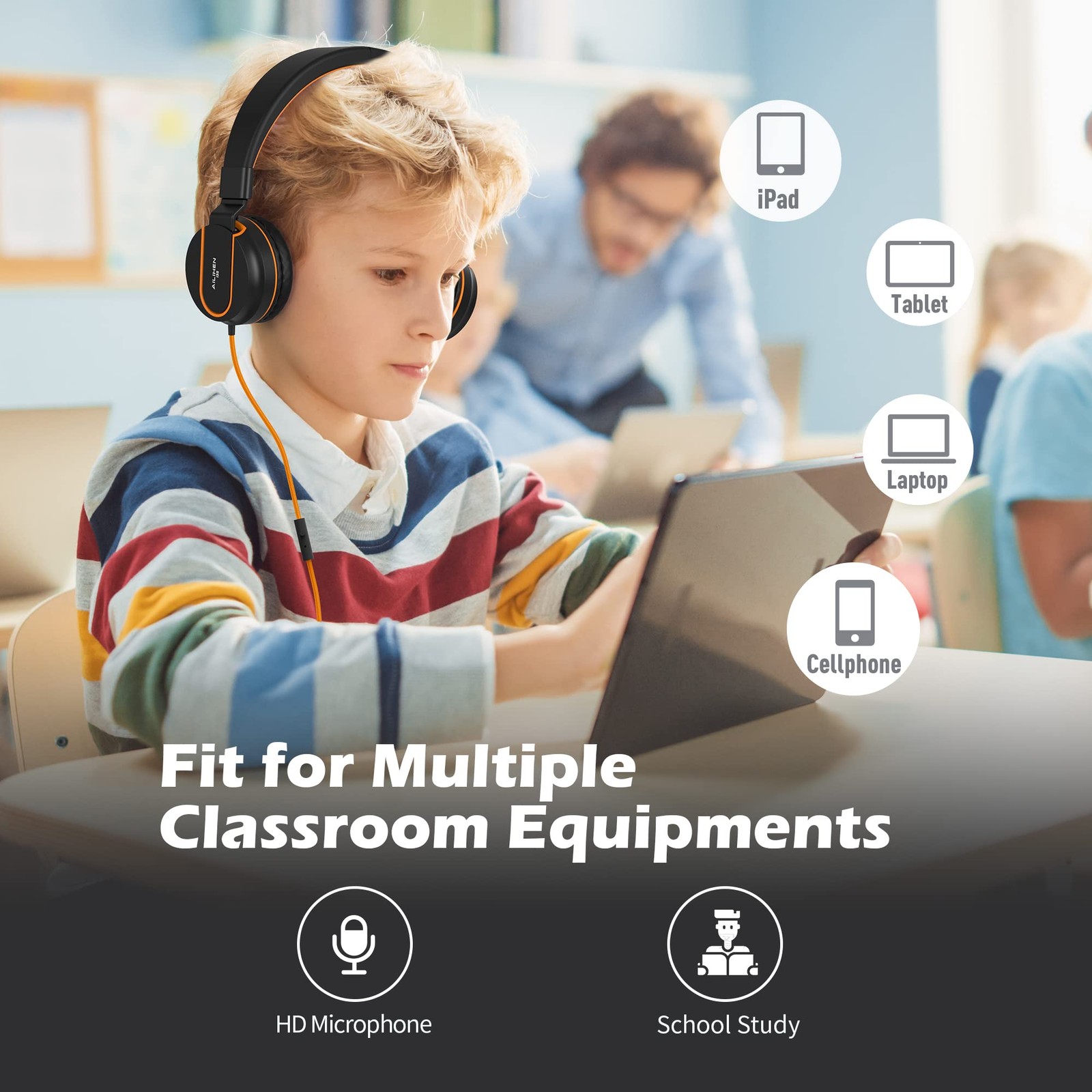 AILIHEN Kids Headphones, I35 On-Ear Headphones for School, Safe Volume 93dB, …