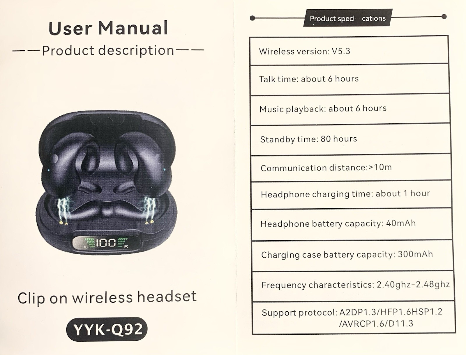 YYK-Q92 Clip On / Open Listening Wireless Headset