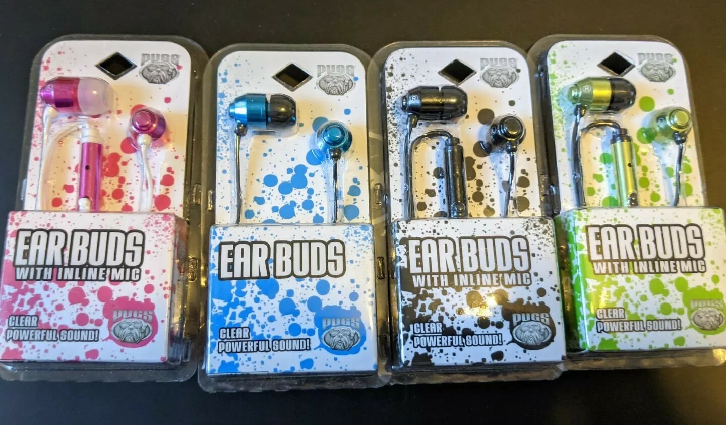 LOT 3 NEW PUGS EAR BUDS WITH INLINE MICROPHONE METALLIC BLUE-TEAL EXTRA EAR BUDS