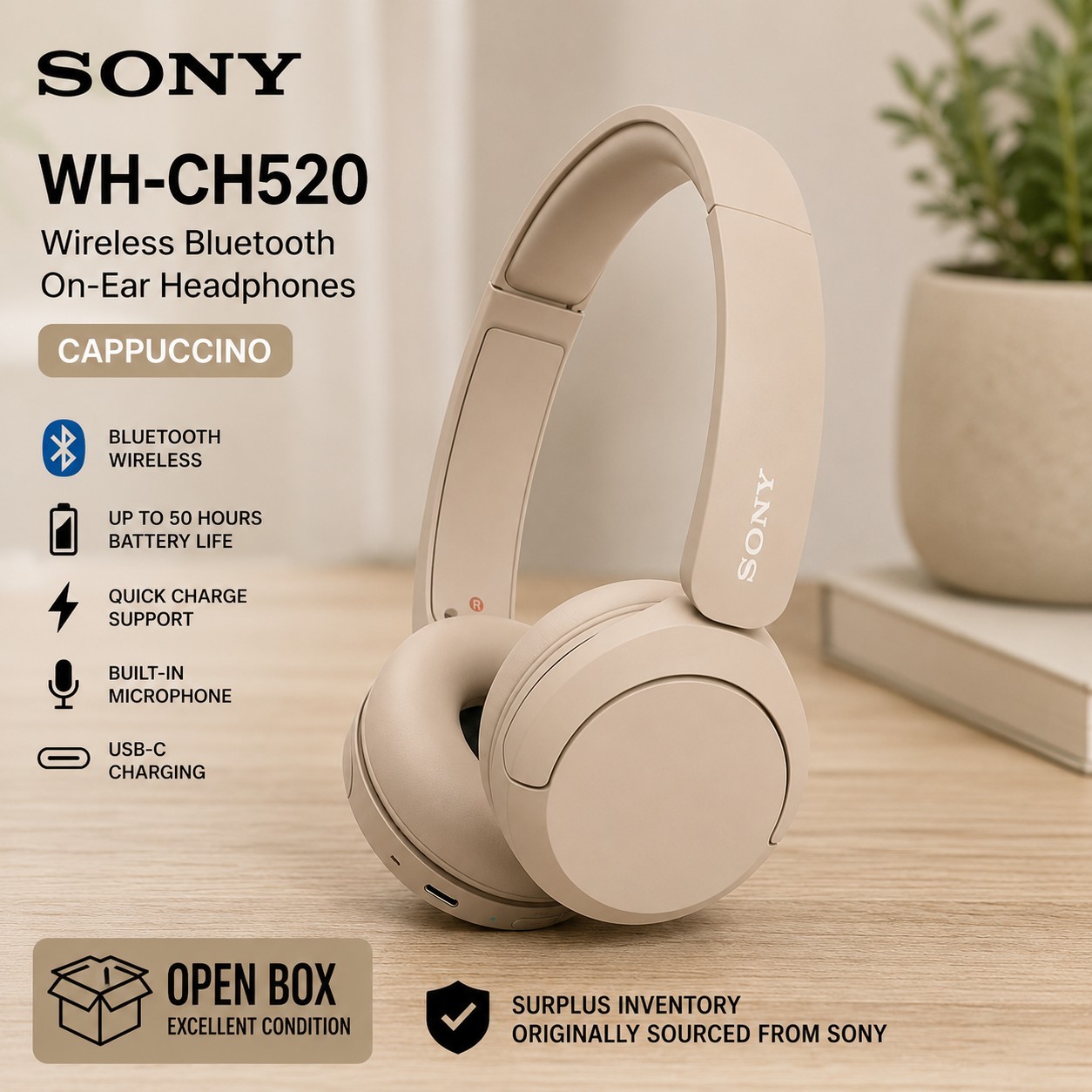Sony WH-CH520 Wireless Bluetooth On-Ear Headphones Cappuccino Open Box