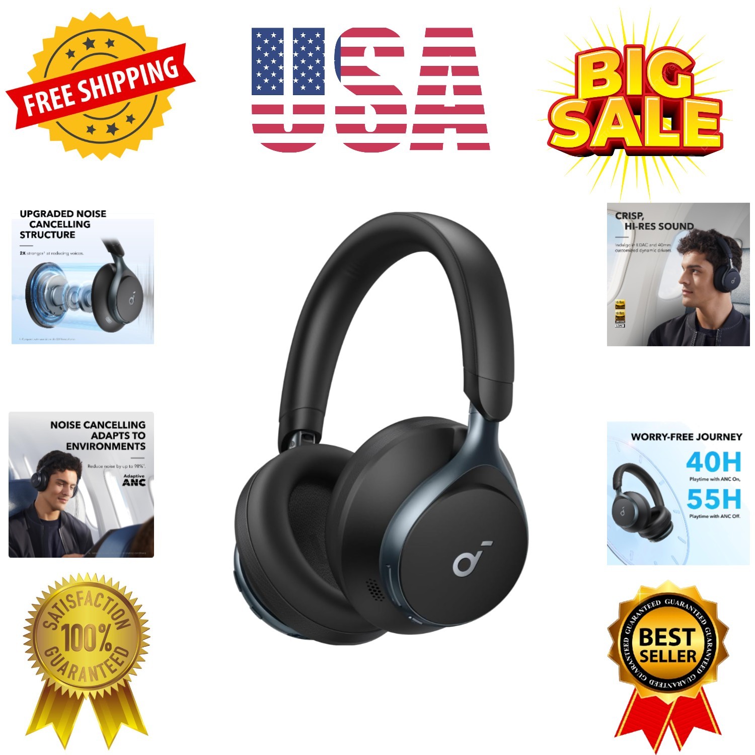 by , Space One, Active Noise Cancelling Headphones, 2X Stronger Voice Reducti…