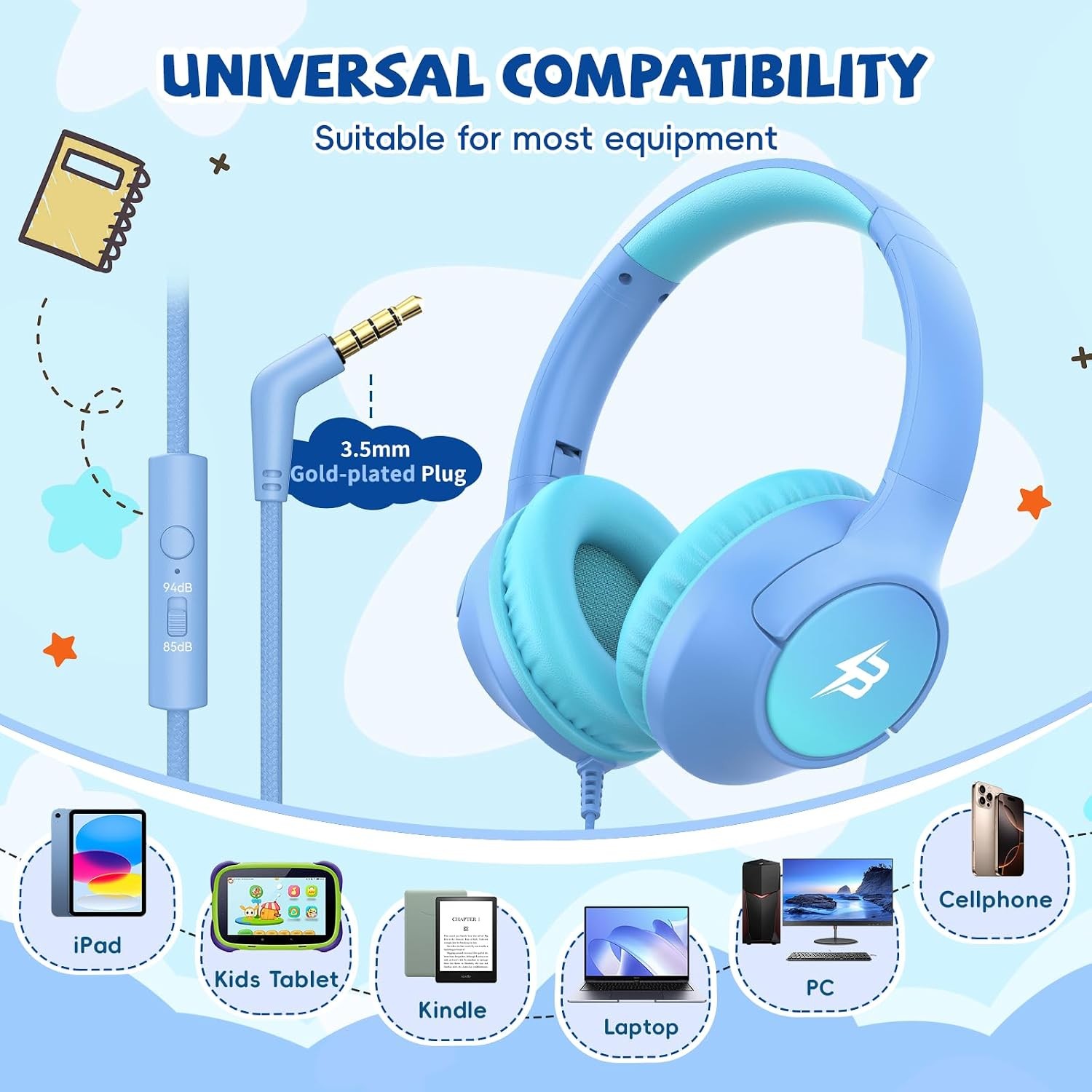 Wired Headphones for Kids for School, 3.5mm Cord 85/94dB Volume, Light Blue | Ov