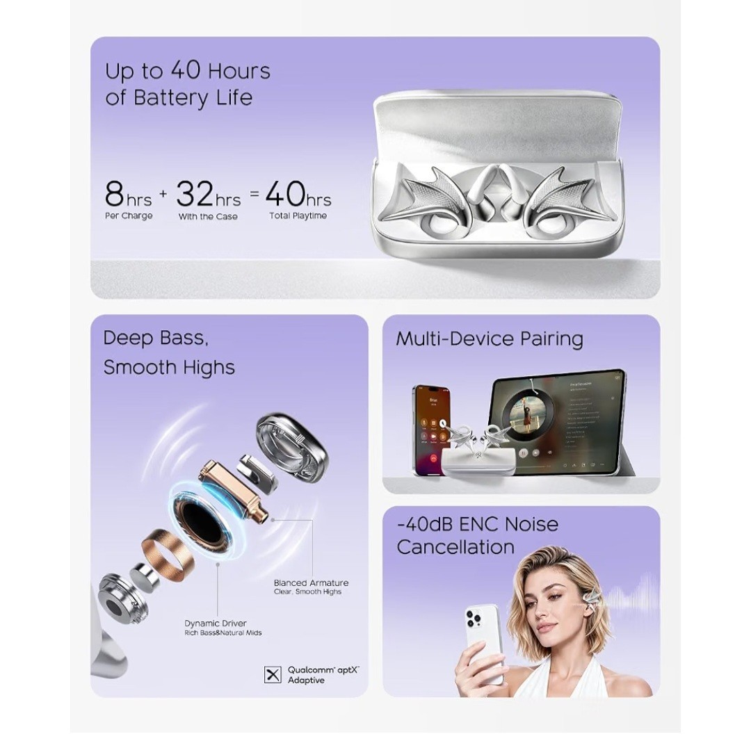 REAL YOUNG H700 Elegant Jewelry-Inspired Open-Ear Earbuds for Women Dragon Wing
