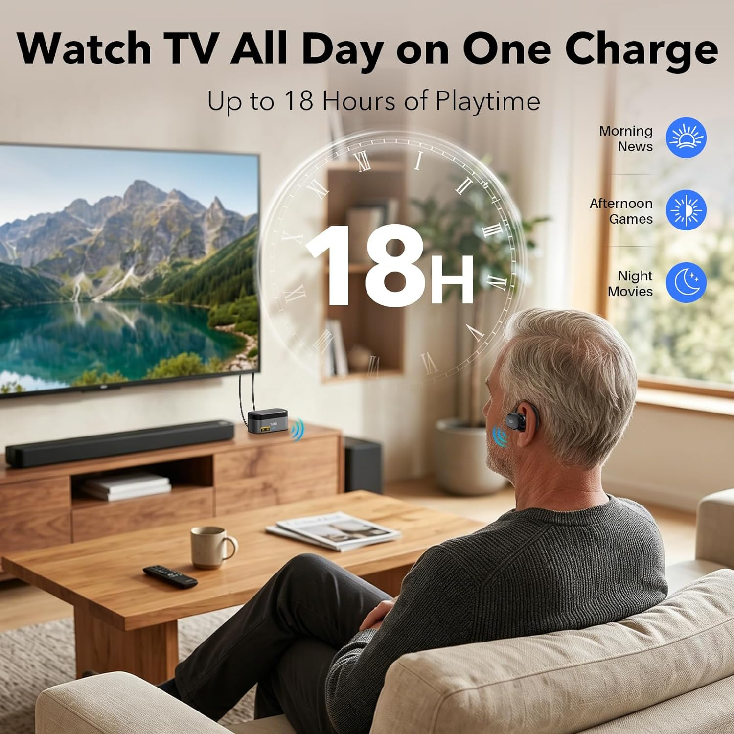 1Mii ClearLinkTV E5 Wireless TV Earbuds for Seniors, Plug & Play Open-Ear Headph