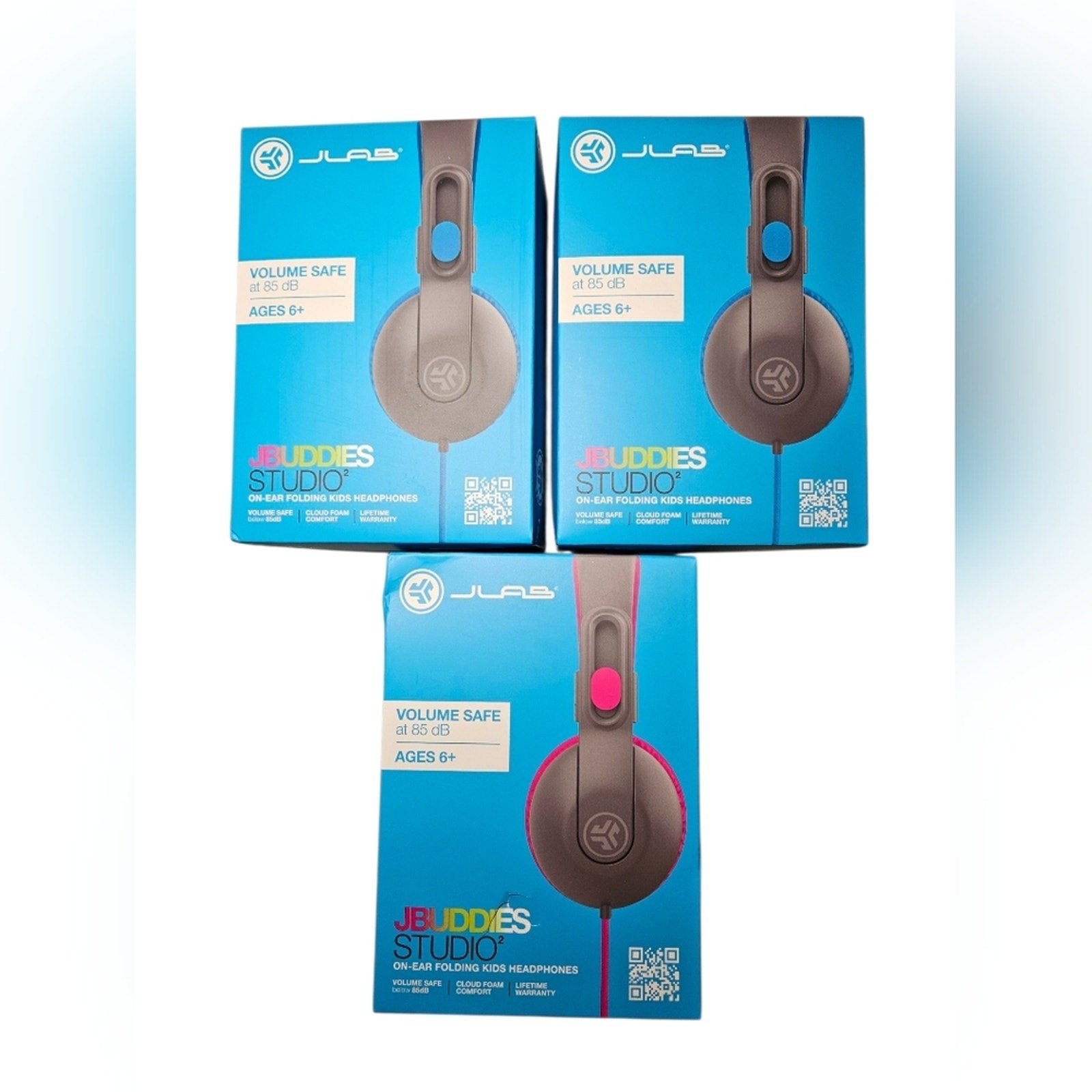 3 – NWT JLab JBuddies Studio Adult Headphones – 1 Black & Pink, 2 Blue & Black