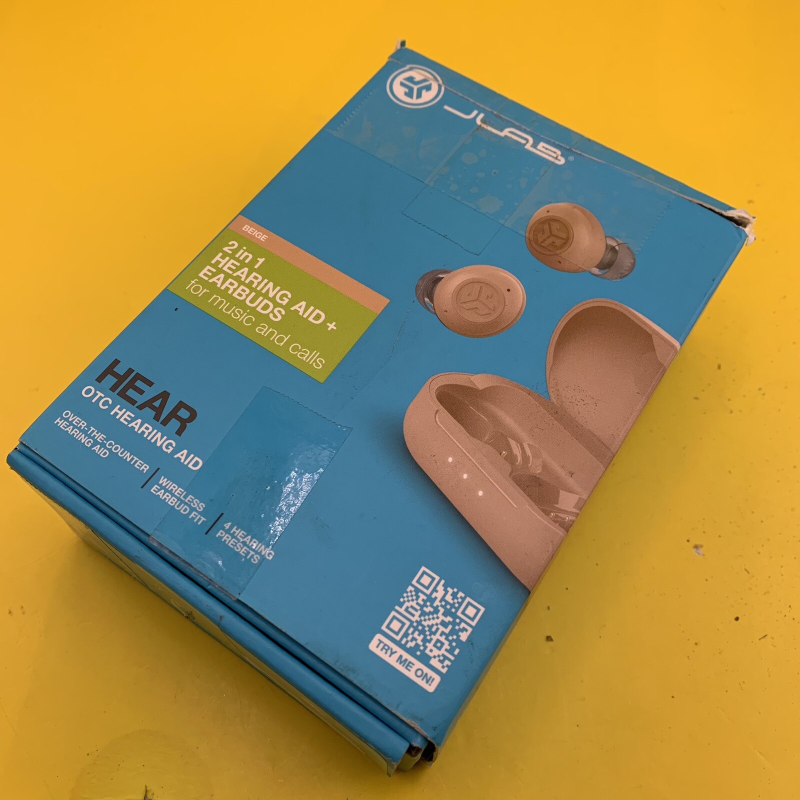 JLab Hear OTC Hearing Aid & Earbuds, Traditional Earbud Fit, Four Preset – Beige