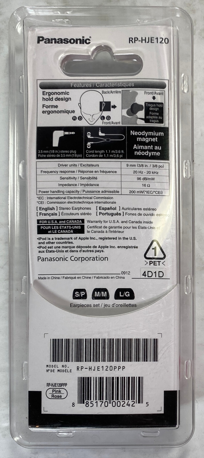 Panasonic Ergo-fit Pink Ergonomic design, Wired In-Ear buds for MP3 CD iPod NEW