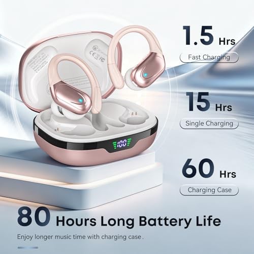 Wireless Bluetooth Earbuds Sports Headphones 80Hrs Playtime IPX7 Waterproof Rose