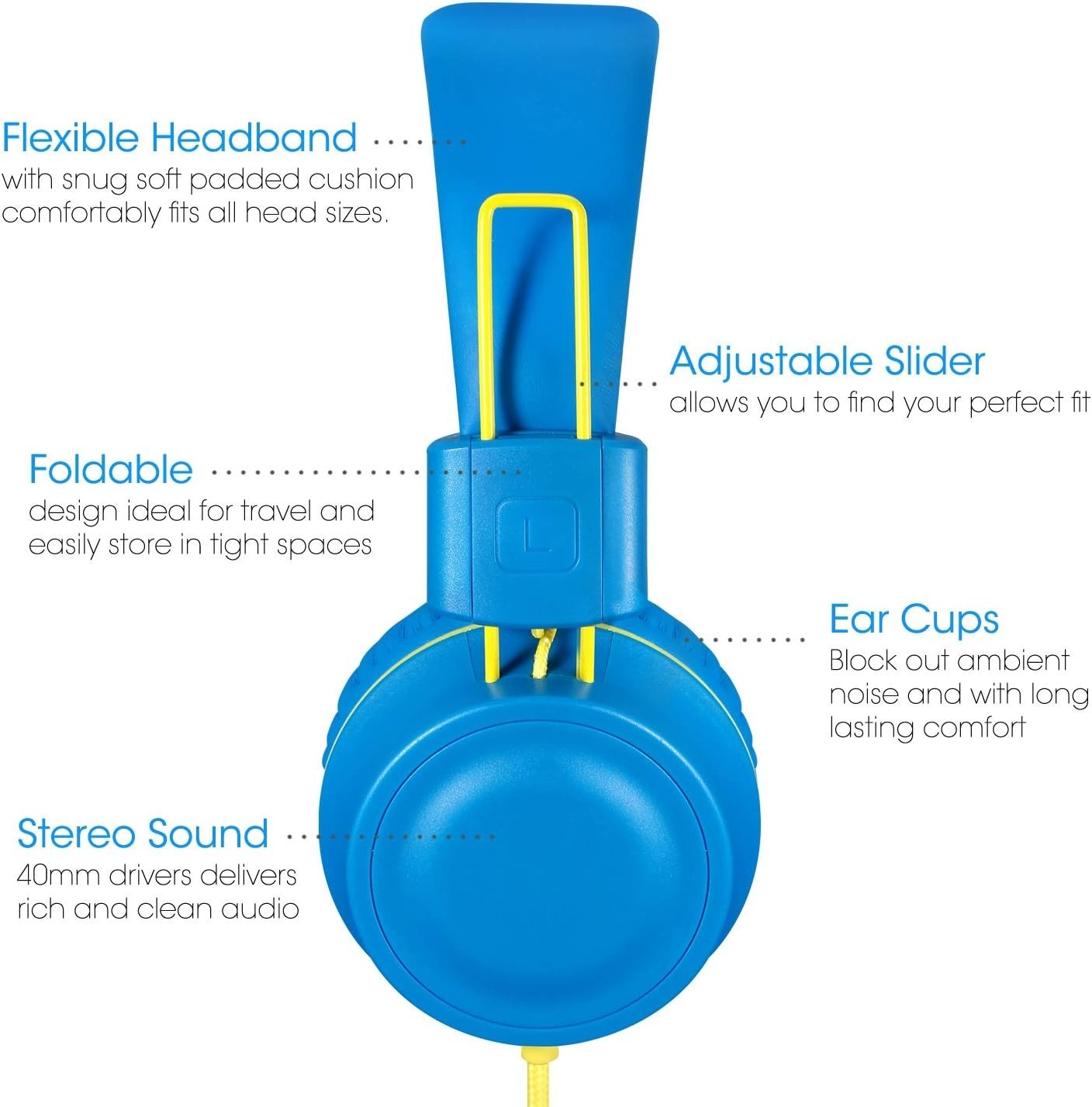 Kids Headphones- K33 Foldable Stereo Tangle-Free 5ft Long cord 3.5mm Jack Plu…