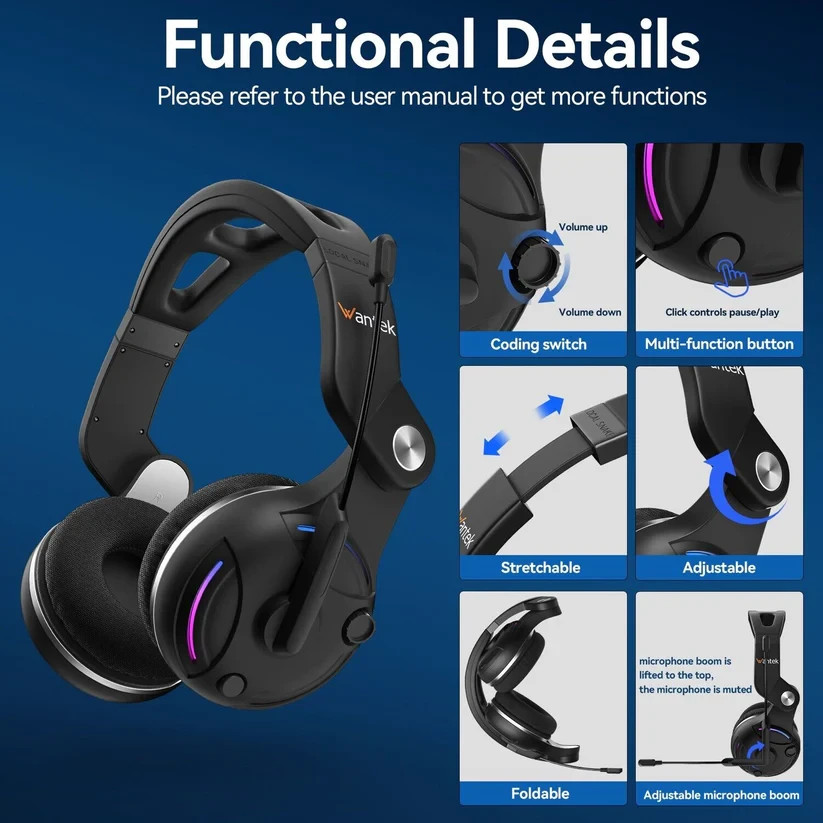 Wantek Bluetooth T2L Headphone with Mic Foldable Wireless Headset 4 PC/Cellphone