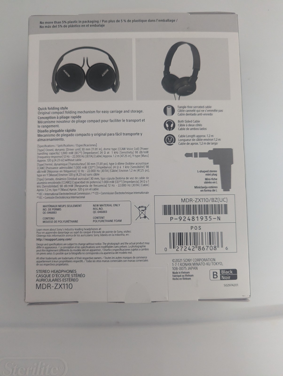 Sony MDR-ZX110 On-Ear Wired Headphones Black 3.5mm 1.2m Foldable