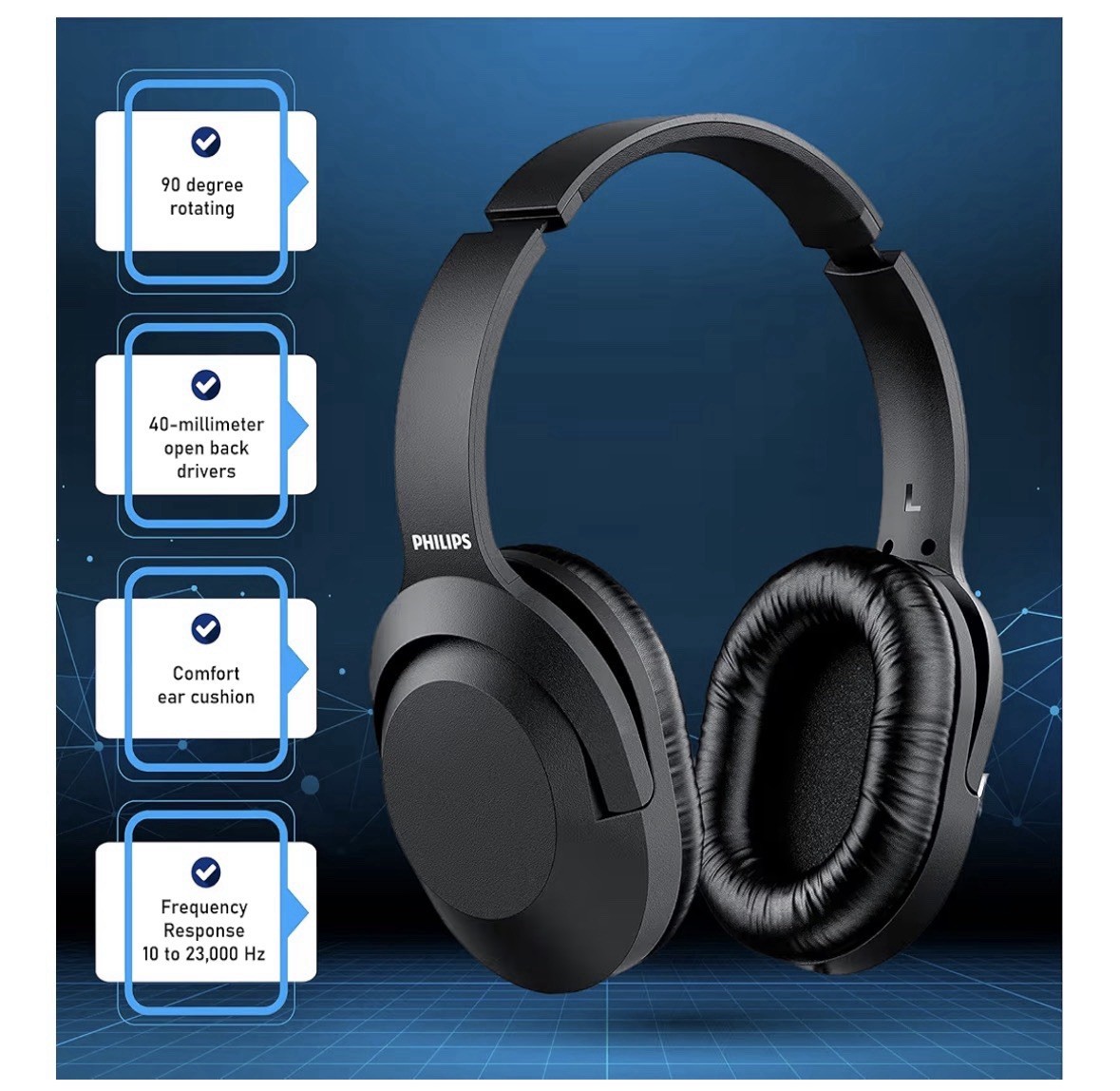 PHILIPS Over Ear Wired Stereo Headphones for Podcasts, Studio One Size, Black