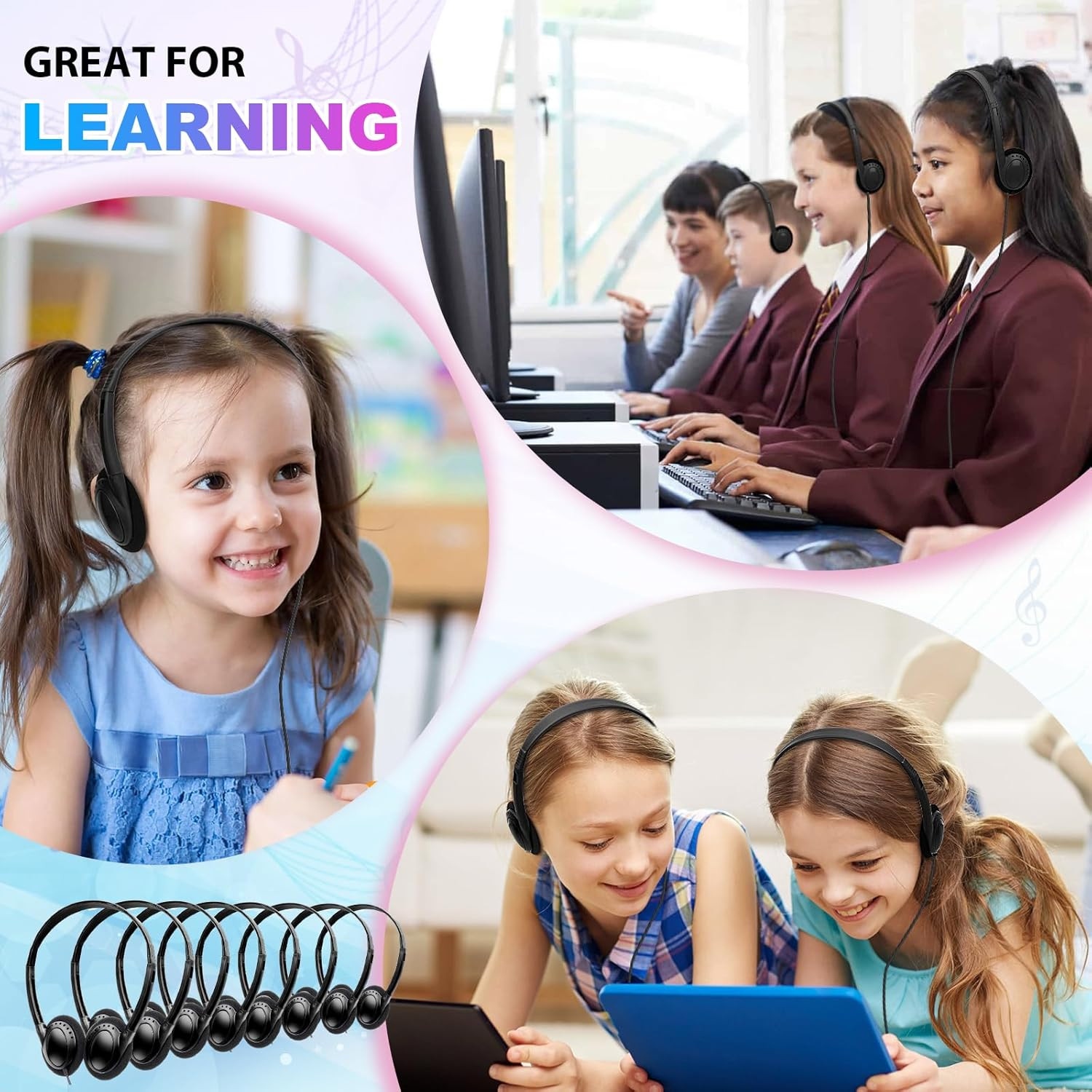 Bulk Headphones 50 Pack for Classroom School Kids, Wholesale Wired Adjustable on