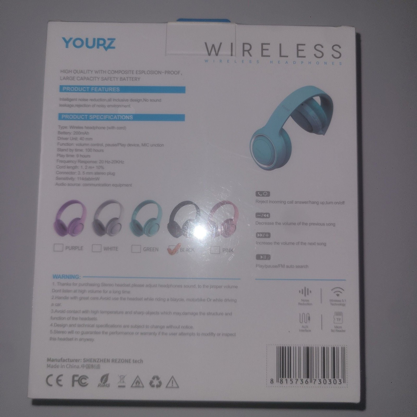 YOURZ S4 Wireless Over-Ear Headphones with Microphone and Micro SD Slot