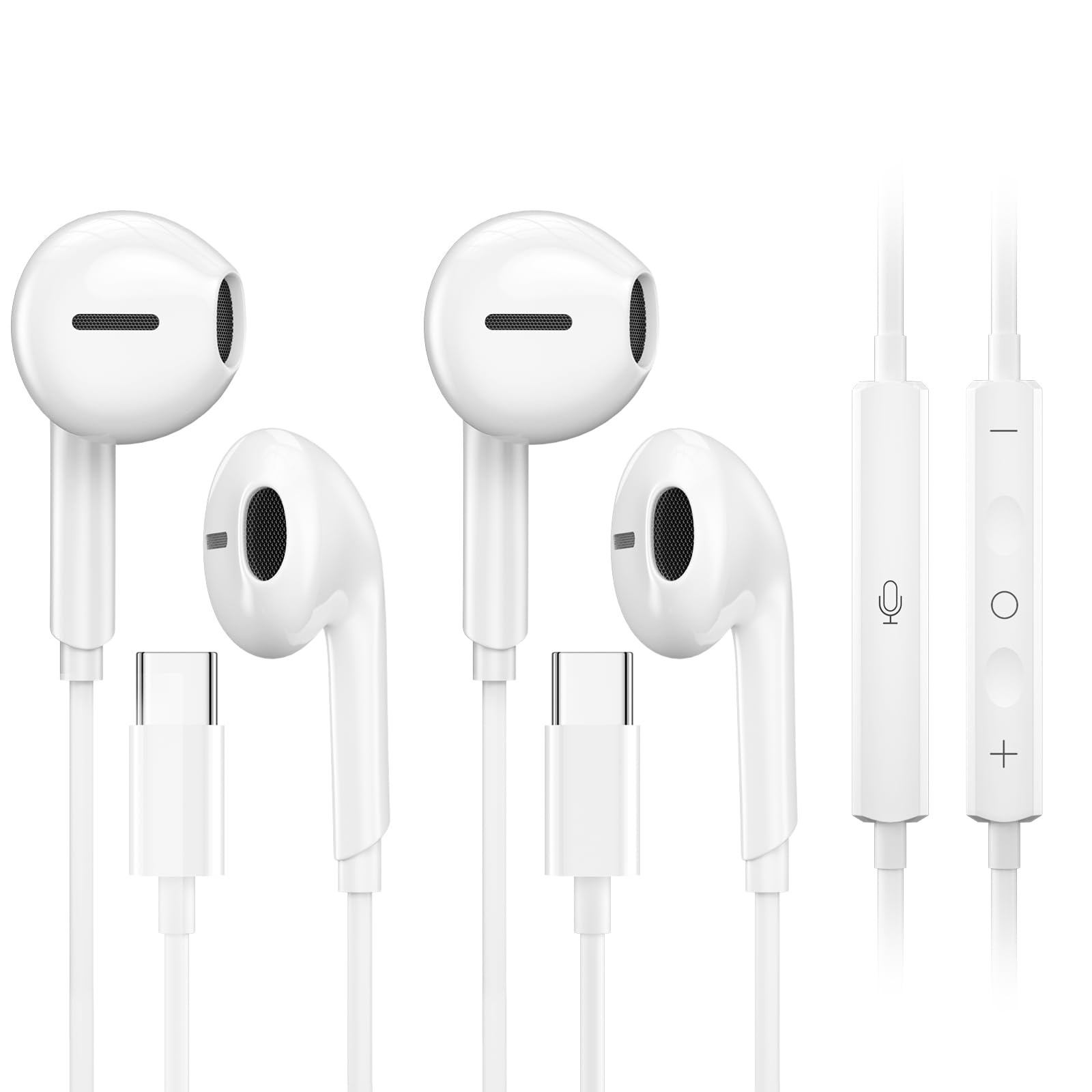 2 Pack USB C Headphones for iPhone 17 16 15, Type C Earphones Standard, White