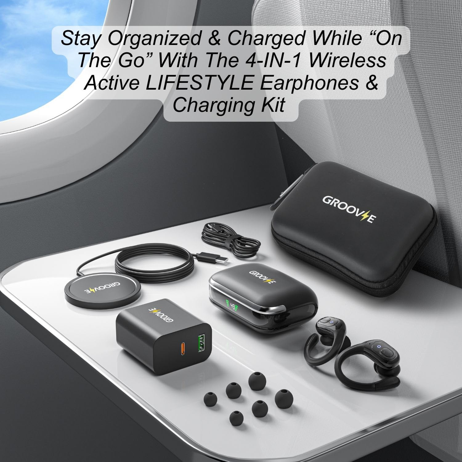 Groove 4-in-1 Wireless Earbuds w/Charging Case – 80 Hours Playtime Black