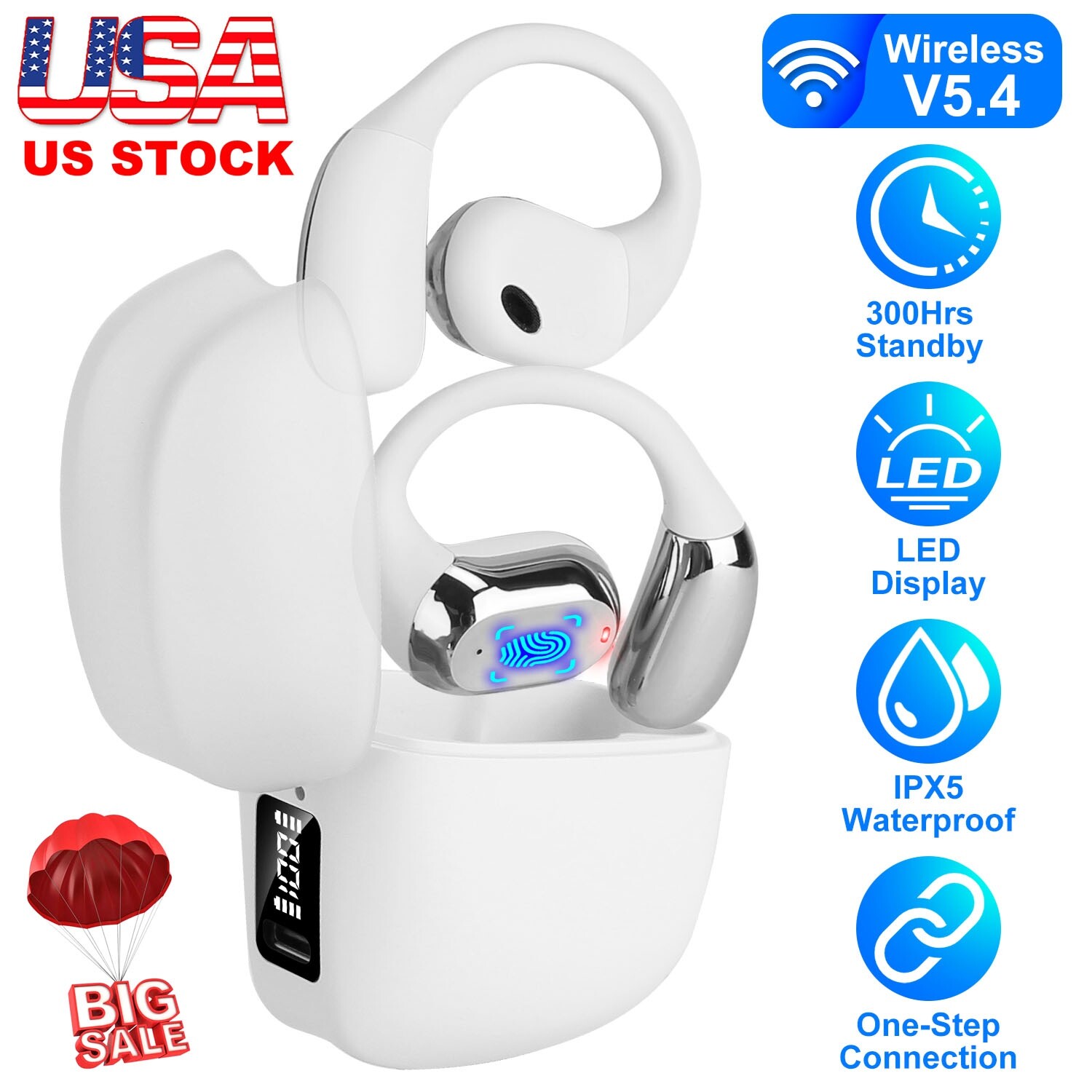 Open Ear Earbuds Wireless w/ Fashion Ear Hooks Clip on Design Display Waterproof