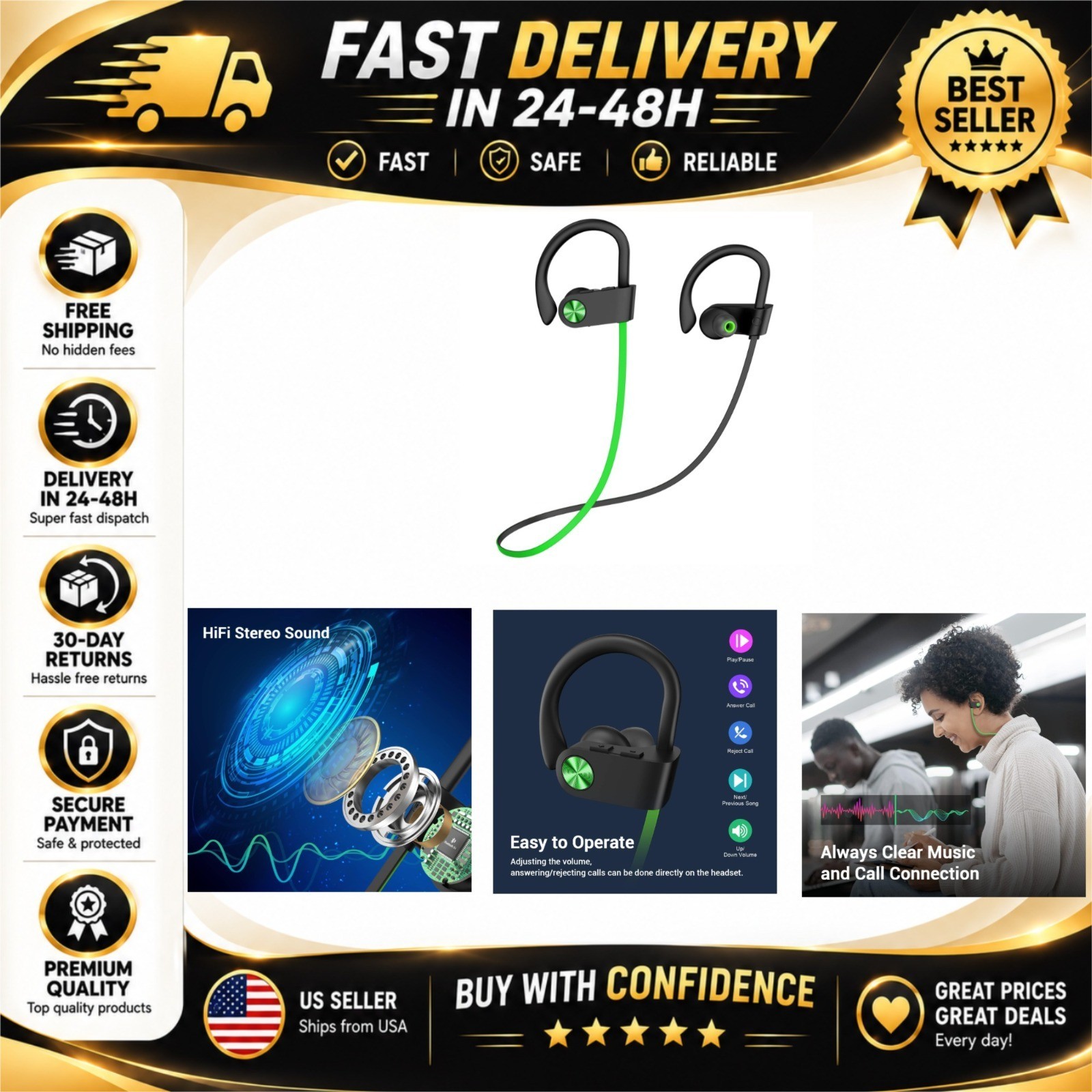 Bluetooth 5.3 Waterproof Headphones, Sports Earbuds with MIC, 16H Playtime