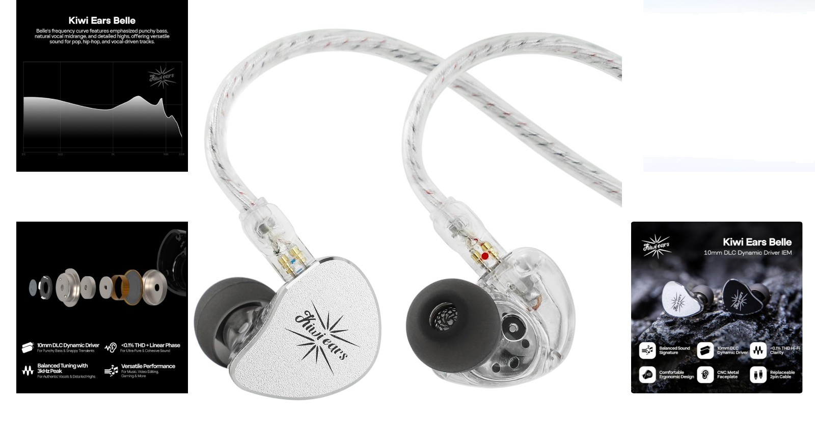 Kiwi Ears Belle In-Ear Monitor 10mm DLC Dynamic Driver Silver with Mic