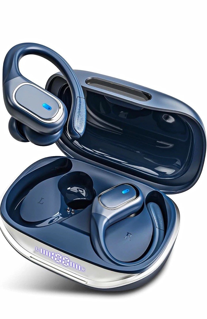 haoyuan Bluetooth True Wireless Ear-Hook Earbuds w/ Charging Case Blue/Silver