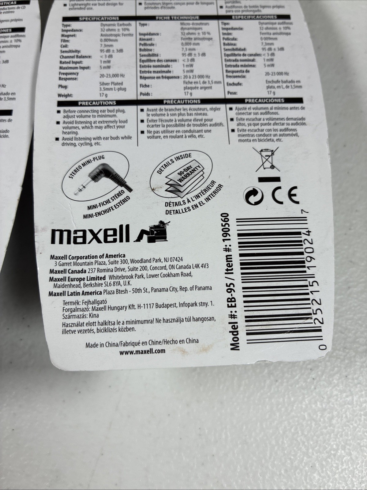 Maxell EB-95 Black Lightweight Stereo Earbuds, 190560 Lot Of 2 New, Sealed
