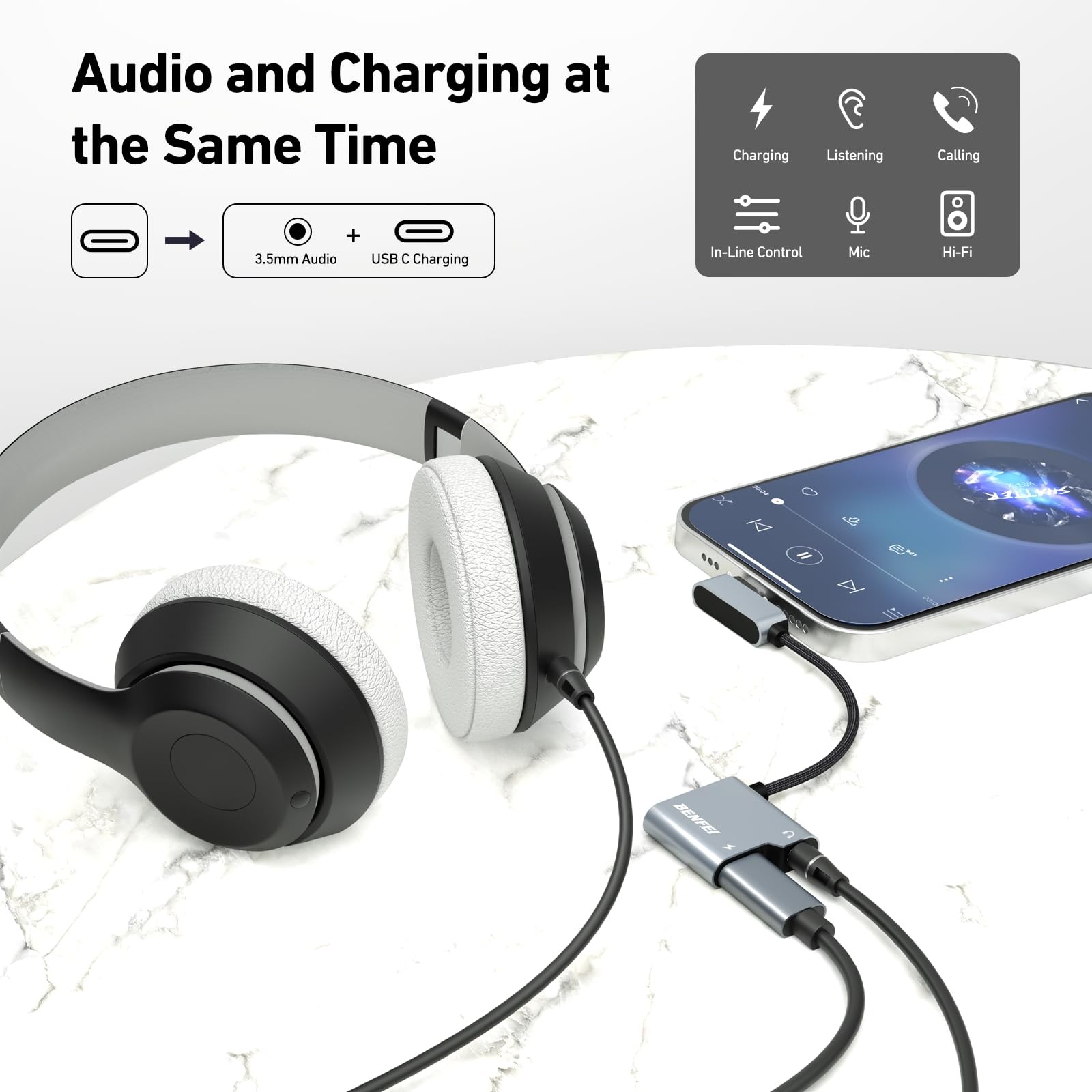 BENFEI USB C to Audio Jack Adapter with 60W Fast Charging, USB-C to 3.5mm Female