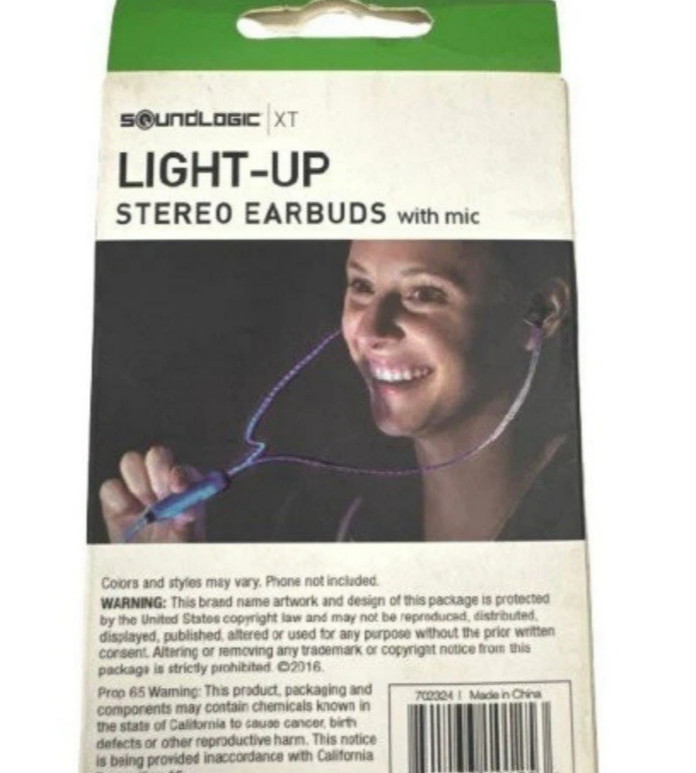 SoundLogic XT Light-Up Stereo Earbuds Mic 3.5mm Flashing Beat Reactive Purple