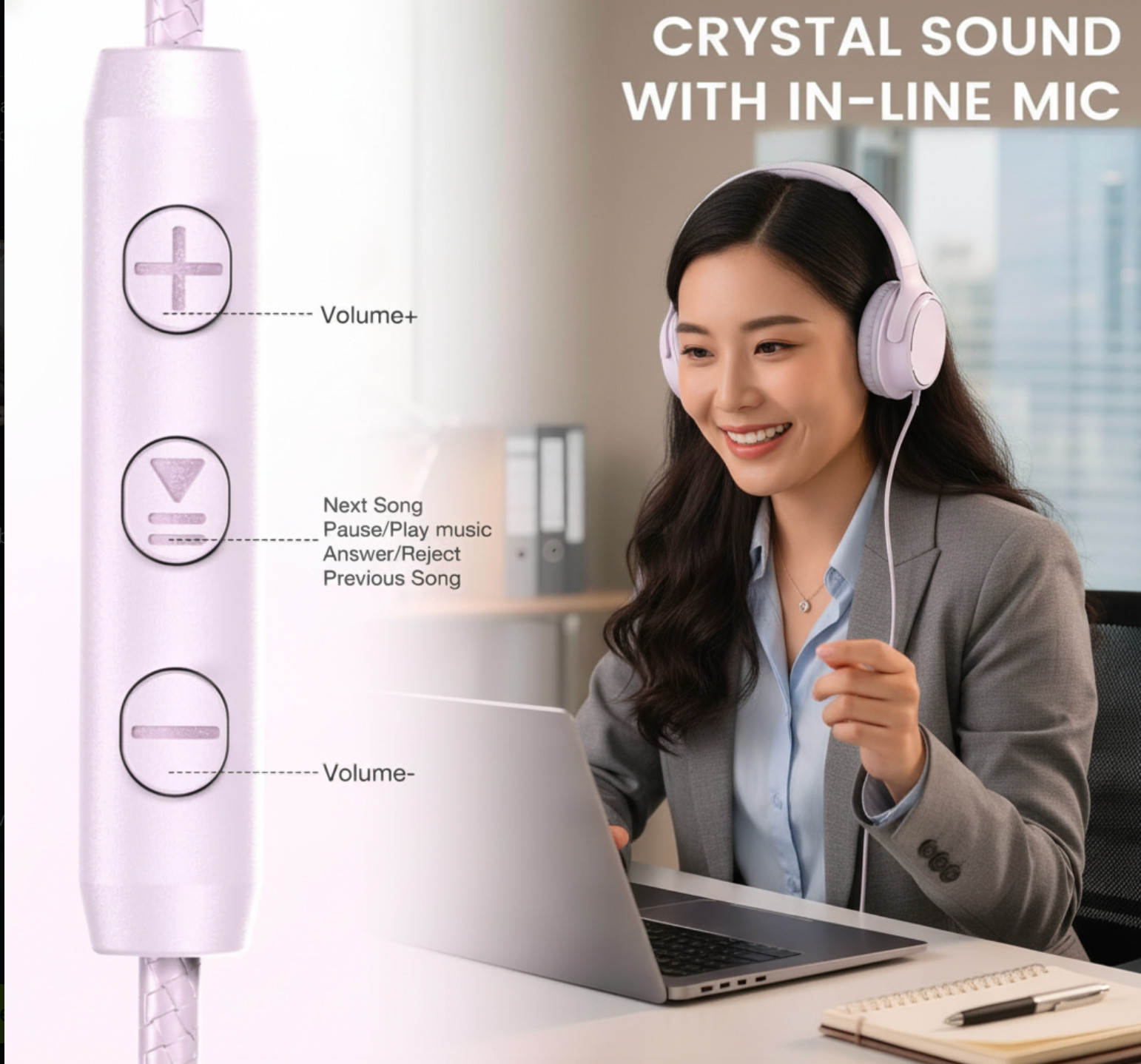 Wired Over-Ear USB-C Headphones with Microphone/Volume Control/Foldable/Adjustab