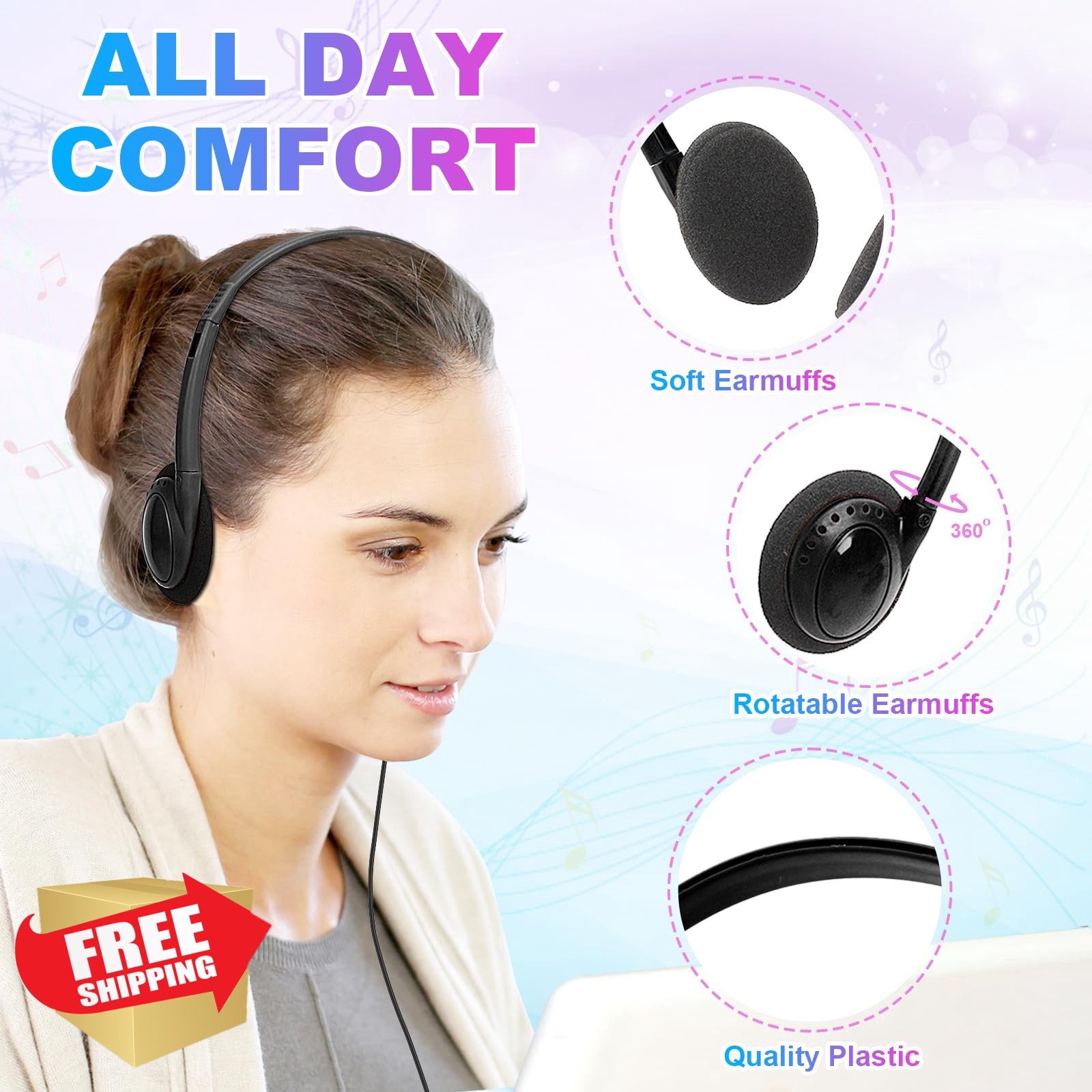 Wensdo 50 Pack Bulk Headphones Black Wired On Ear