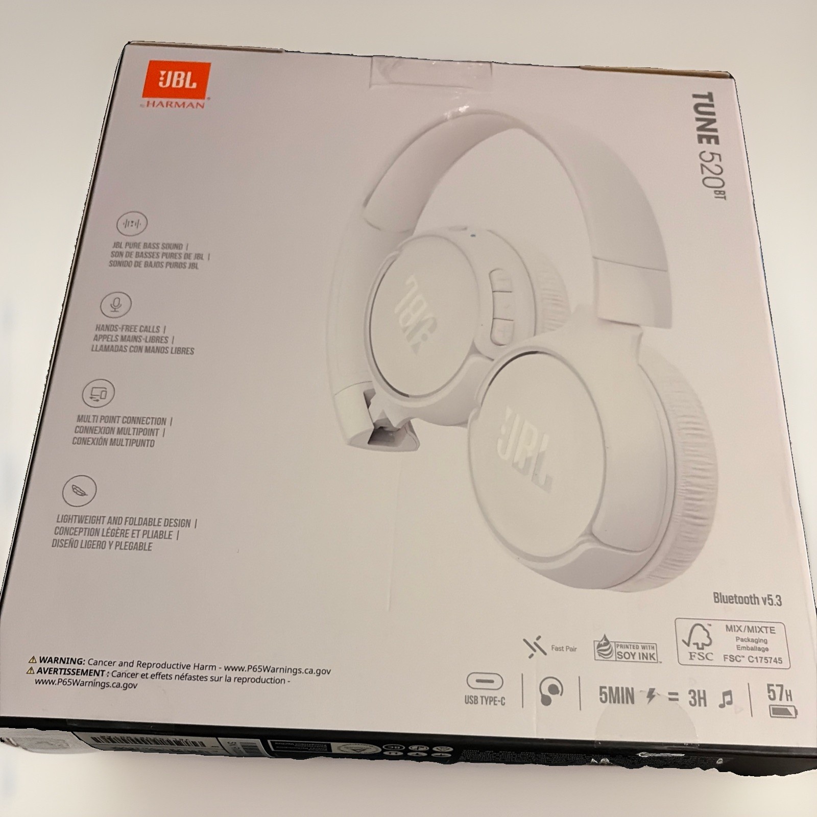 JBL Tune 520BT Pure Bass Wireless Bluetooth Headphones (White)