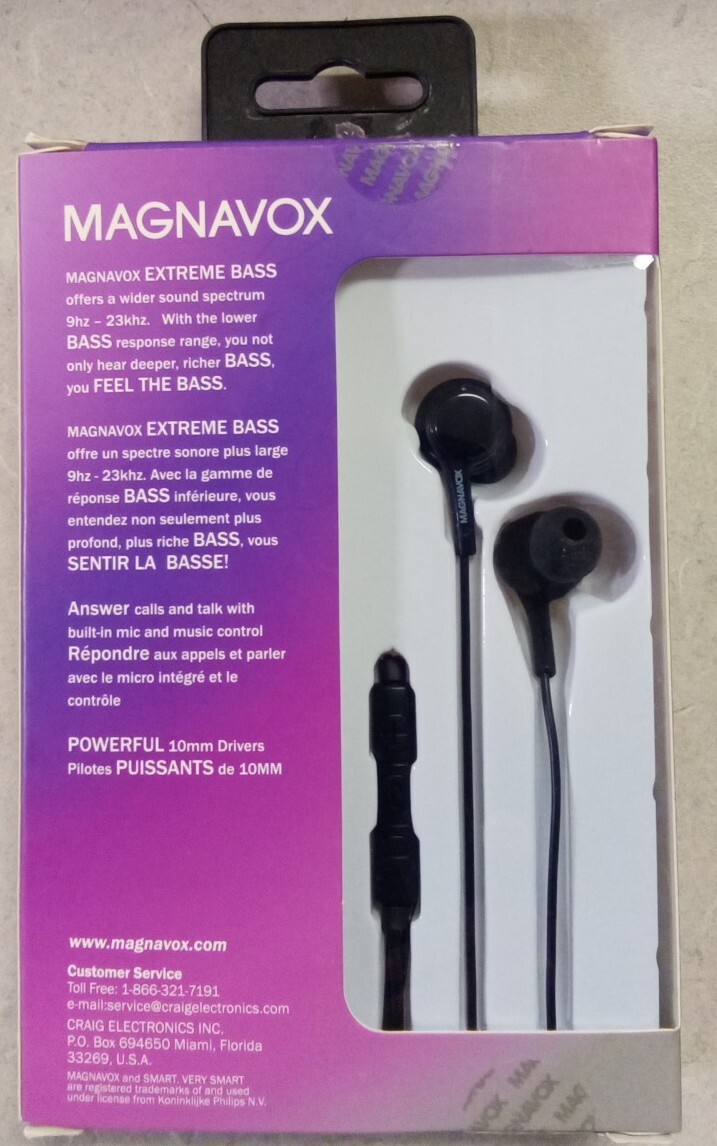 2 Magnavox In-Ear Silicon Earbuds with Extreme Bass. Feel The Bass. Black.