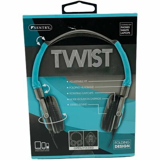 Twist Folding Stereo Headphones Adjustable Noise Isolation Turquoise Teal Black 