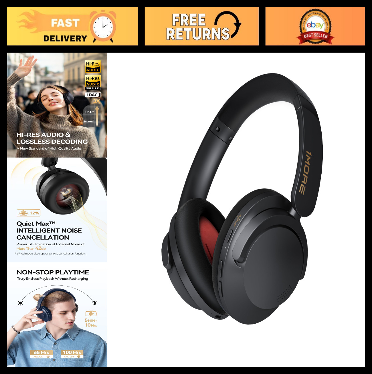 Noise Cancelling Over Ear Bluetooth Headphones – 100H Playtime, Hi-Res Audio, AN