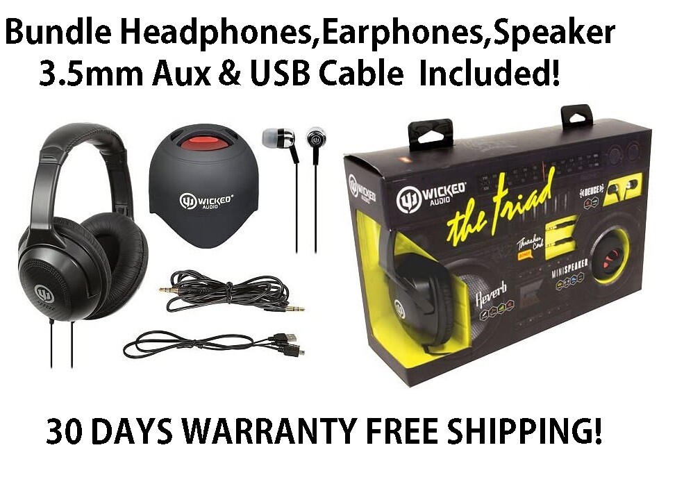 Wicked Audio The Triad 4 pc Set:Headphones, Ear Buds, Speaker & Audio Cable NEW!