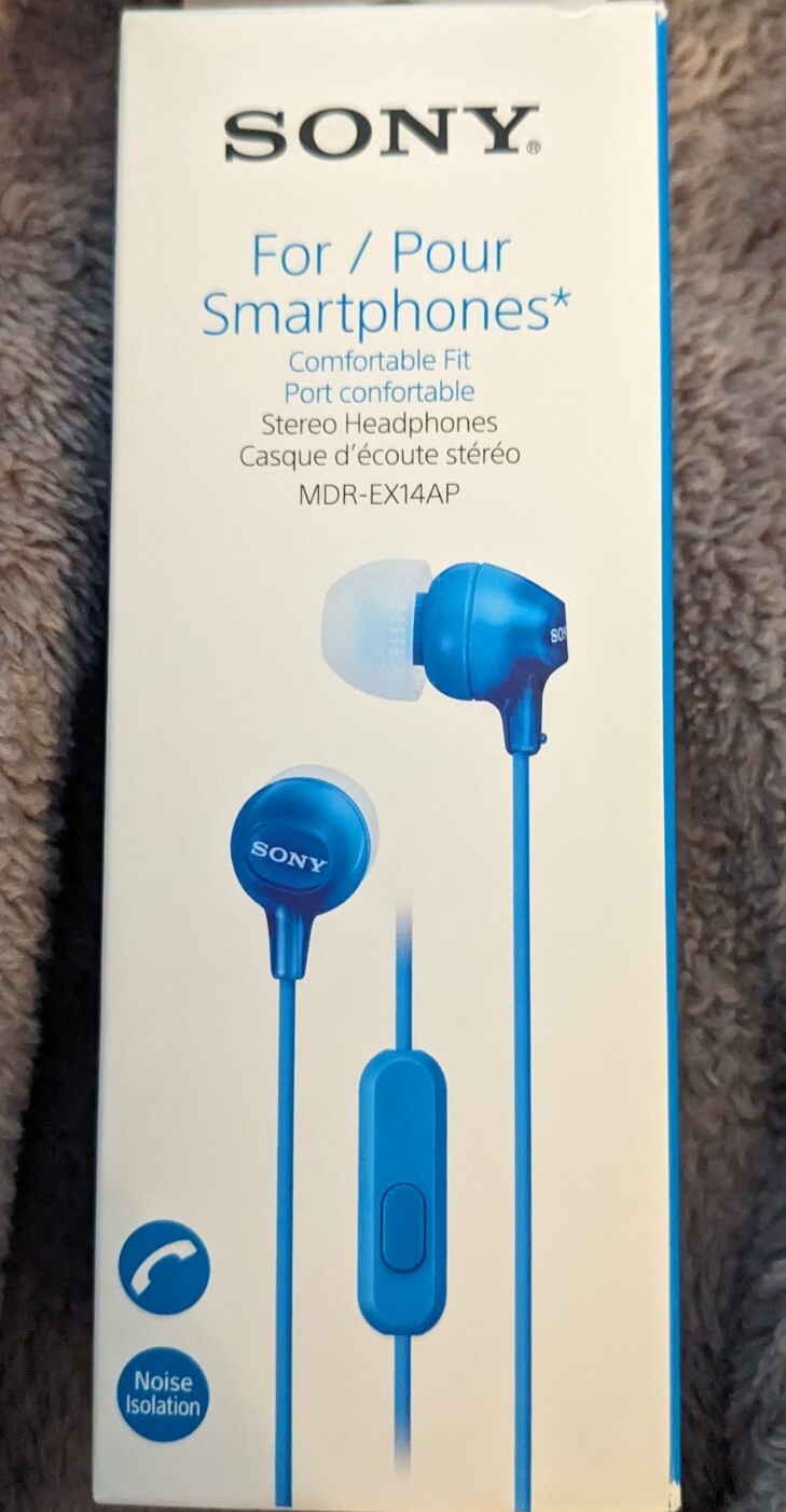 SONY Stereo Headphones (buds) for Smartphones w/Mic – Blue NEW MDR- EX14AP