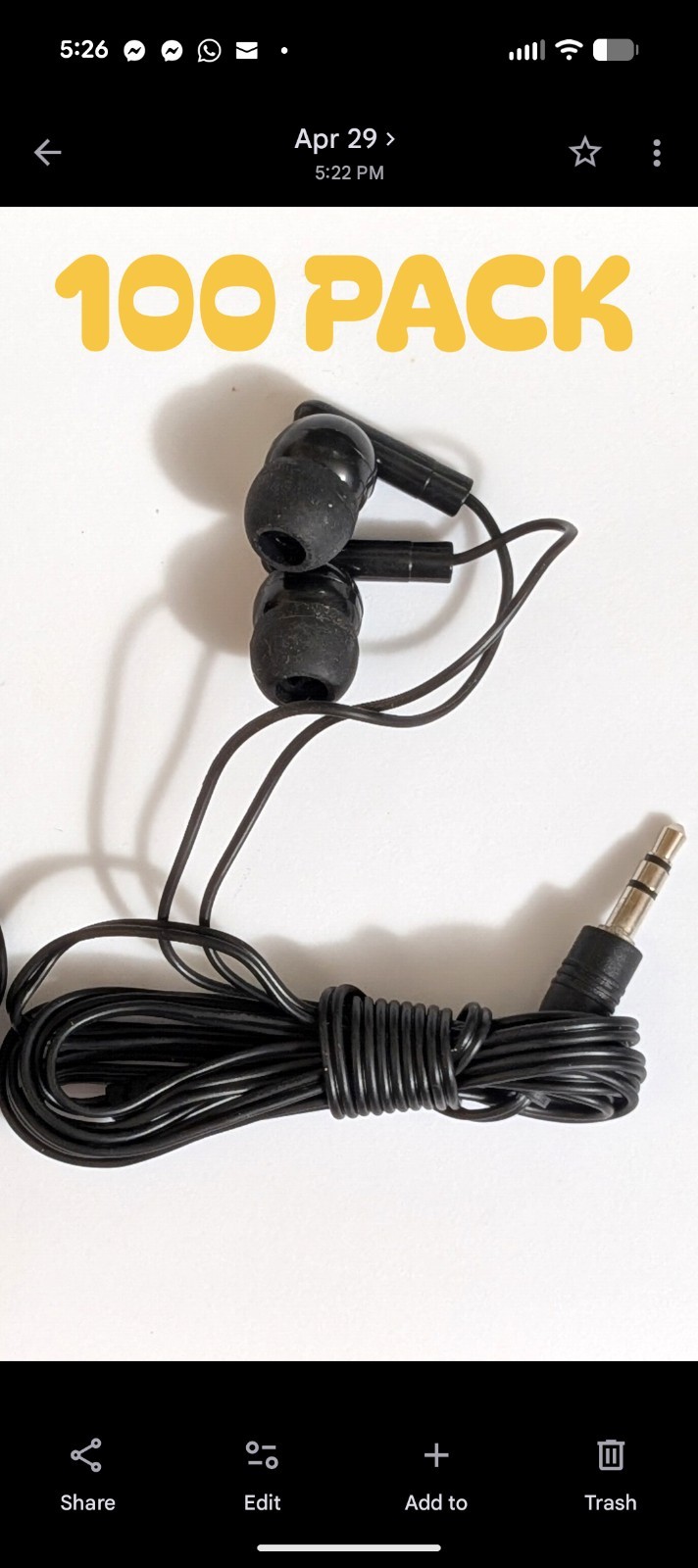 BULK WHOLESALE Lot of 100 Black 3.5mm In Ear Earbuds / Headphones / Earphones