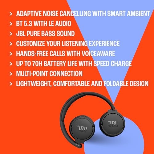 JBL TUNE 670NC ADAPTIVE NOISE CANCELLING WITH SMART AMBIENT WIRELESS (BLACK)