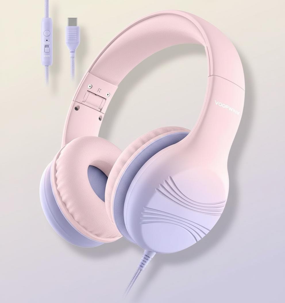 Kids USB-C Wired Over-the-Ear Headphones with Microphone, Volume Control/Limit