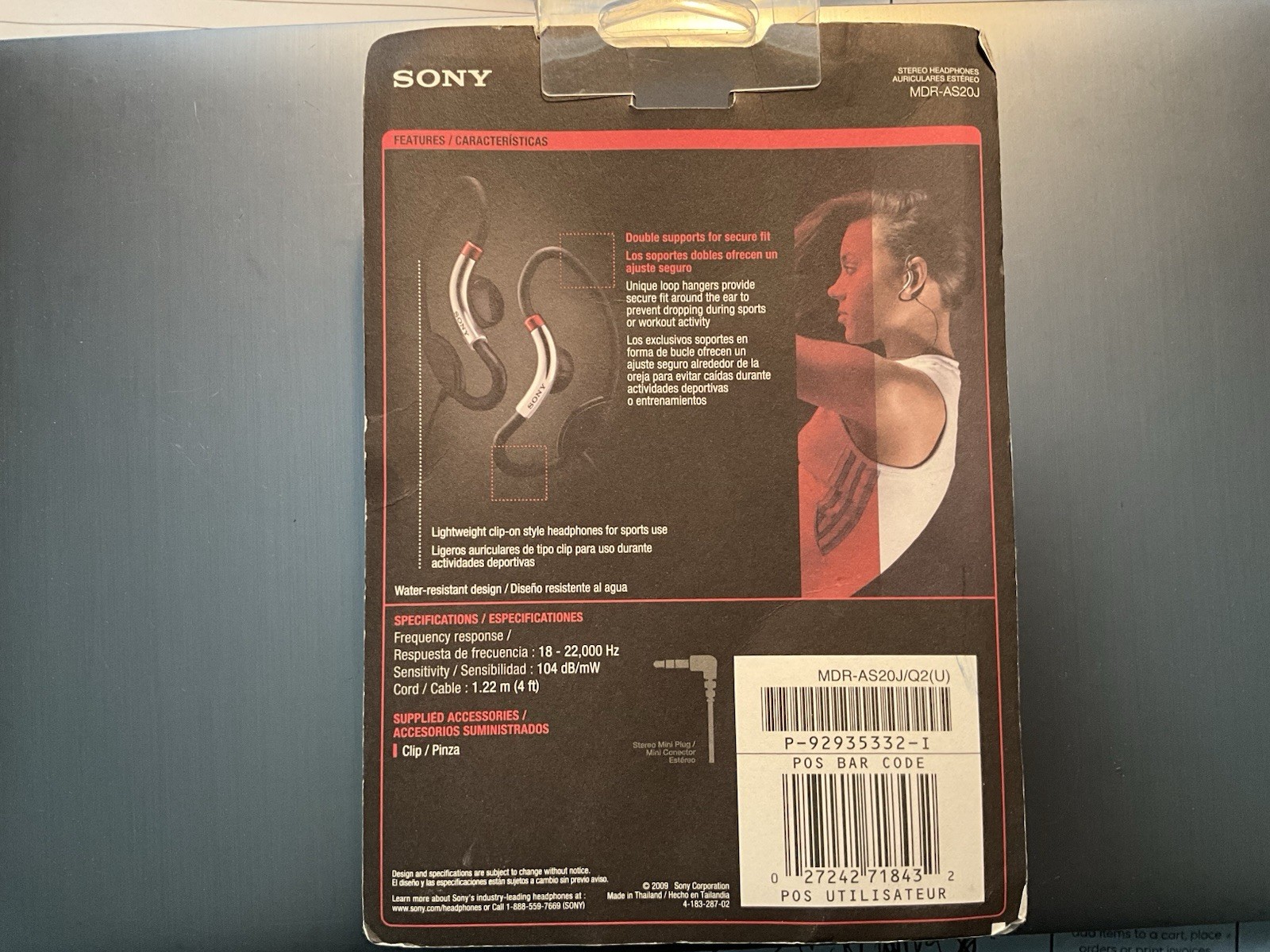 Sony MDR-AS20J Sports Ear-Hook Earbuds Water-Resistant Stereo 3.5mm 1.22m