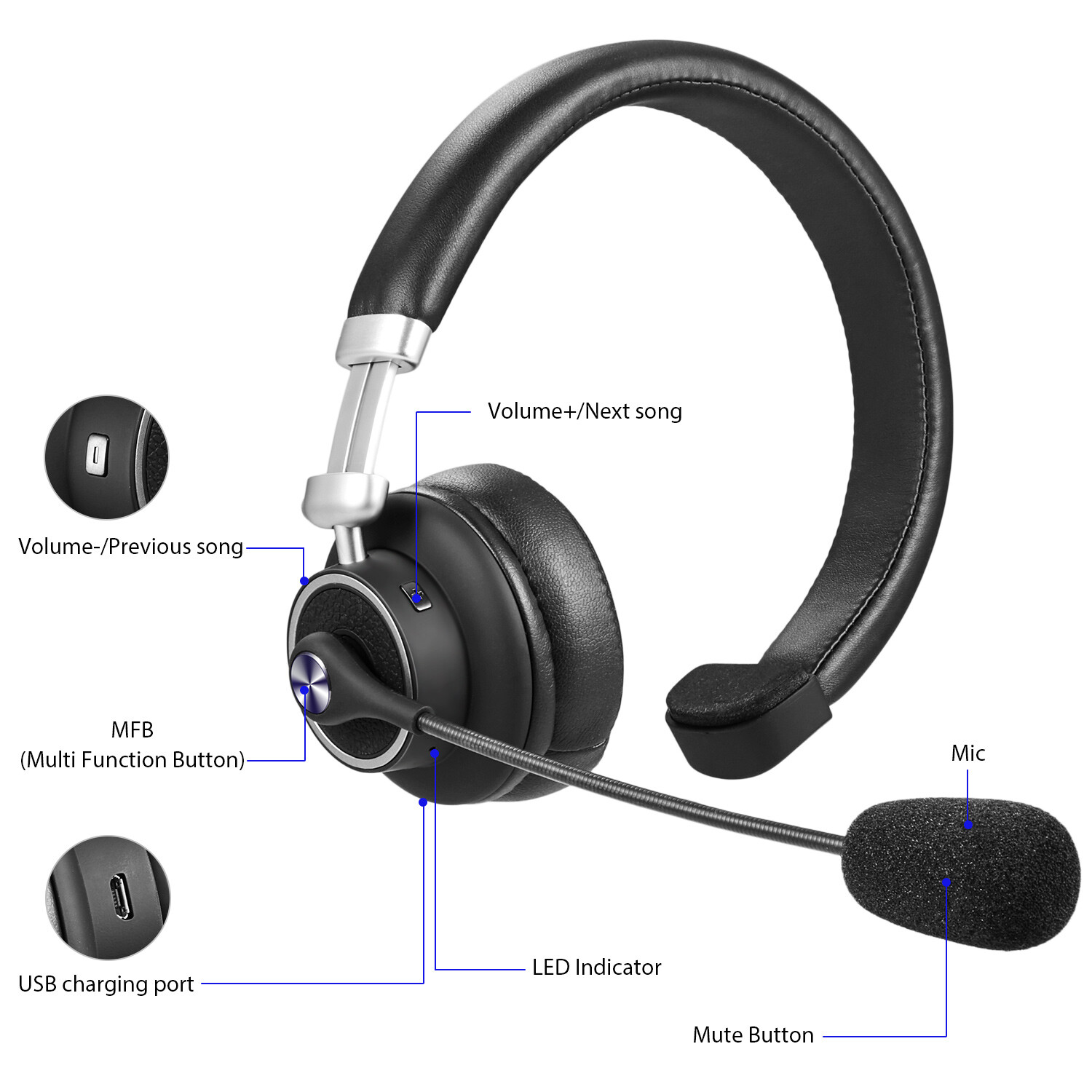 Call Center Bluetooth Wireless Headset Noise Canceling Headphones for Trucker US